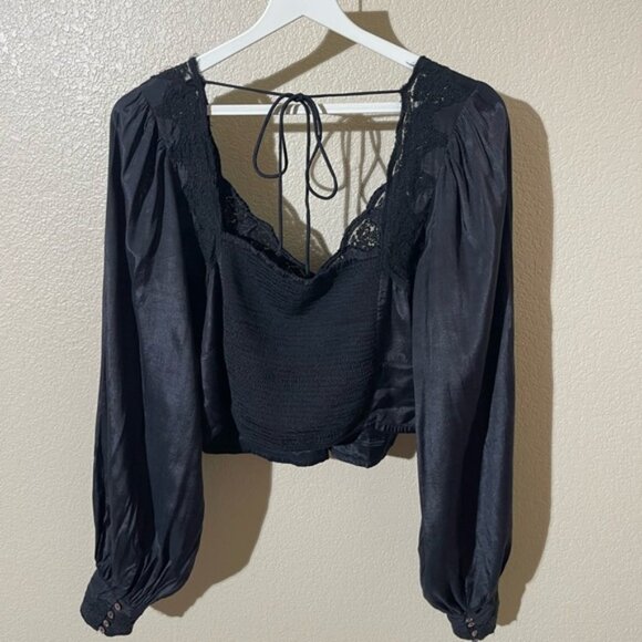 Free People Black Lace Trim Blouse - Picture 3 of 7